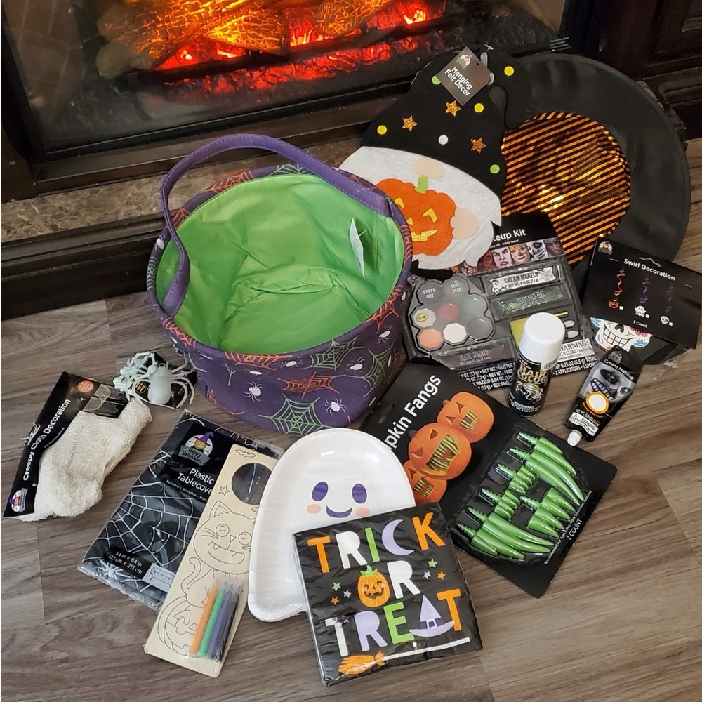 Halloween Cloth basket with tons of great Halloween decorations and accessories